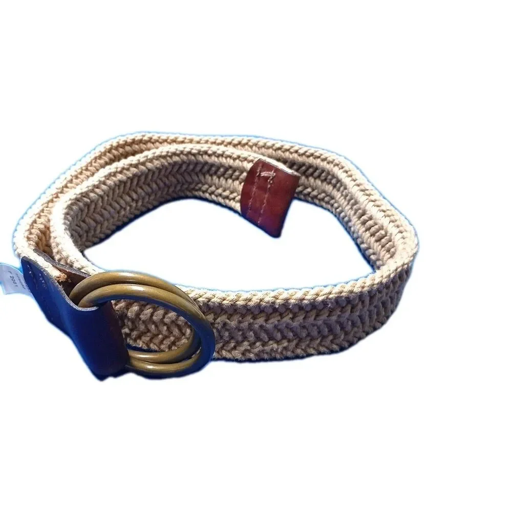 Beige woven belt with brown leather accents double Brass Rings Size 36